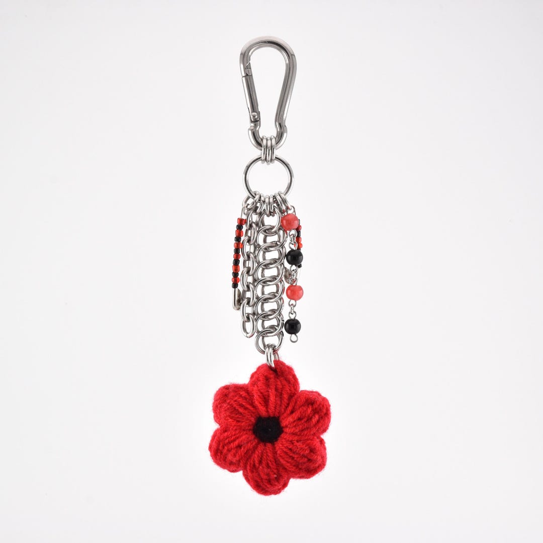 Red and Silver Cluster Keychain With Crochet Plush Flower Charm | Fairy ...