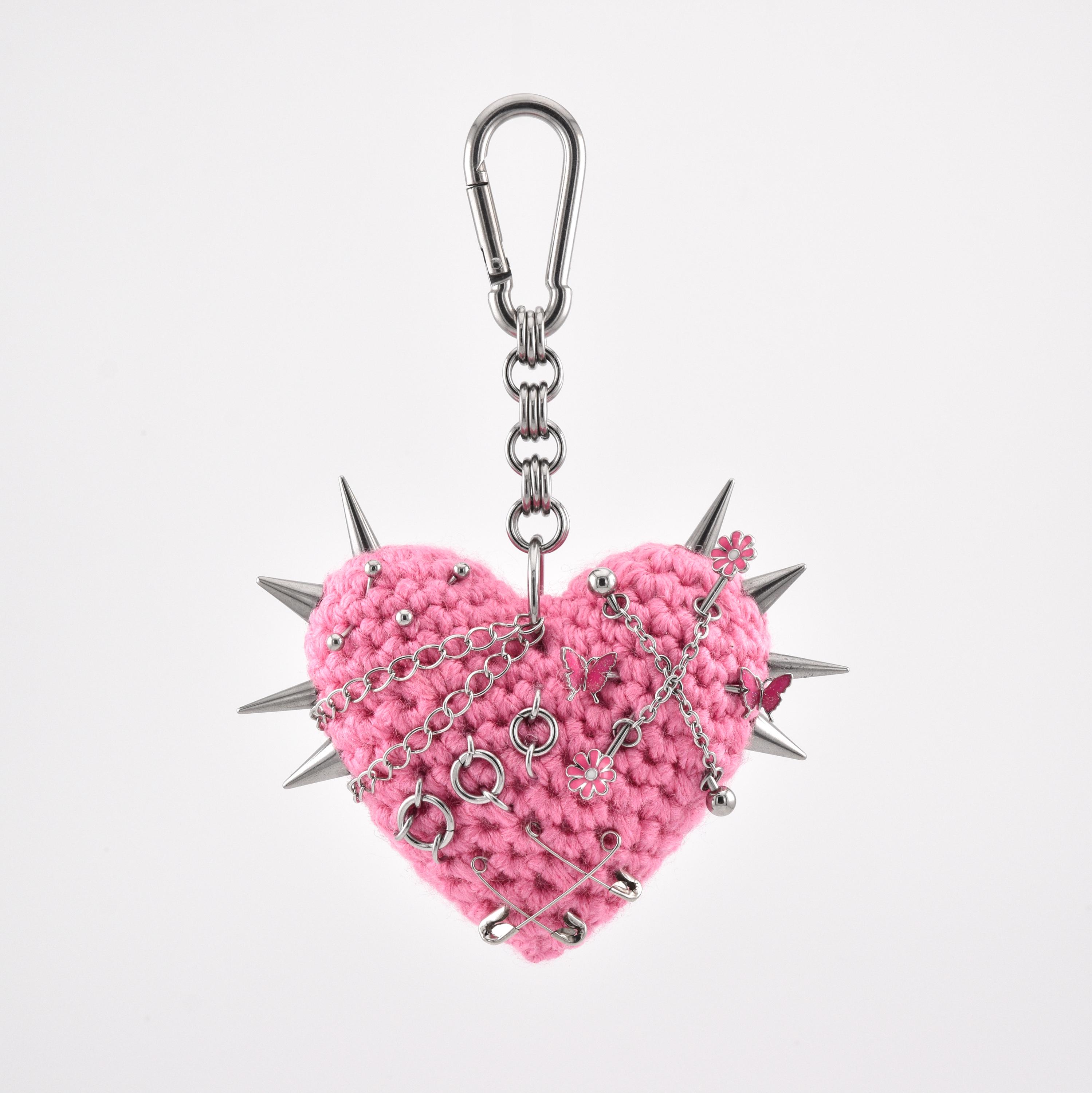 Pink Crochet Heart Plush Charm | Spiked, Pierced, Chain, Butterfly