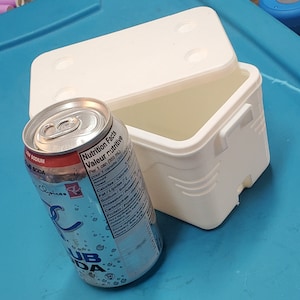 Puede incluir: Una nevera de plástico blanco con tapa, junto a una lata plateada de soda club baja en sodio. La lata tiene una etiqueta de información nutricional con el texto "Nutrition Facts Valeur nutritive Per 1 can (355 ml) pour 1 canette (355 ml)".