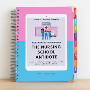 May include: A spiral-bound notebook with a pink and blue cover. The cover features the text "THE NURSING SCHOOL ANTIDOTE" and an illustration of a hospital. The notebook includes tabbed sections for organization and is written by Amanda Droayer.
