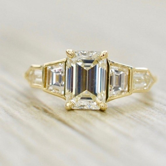 Five Stone Bezel Emerald Cut Moissanite Diamond Ring 14K - Etsy