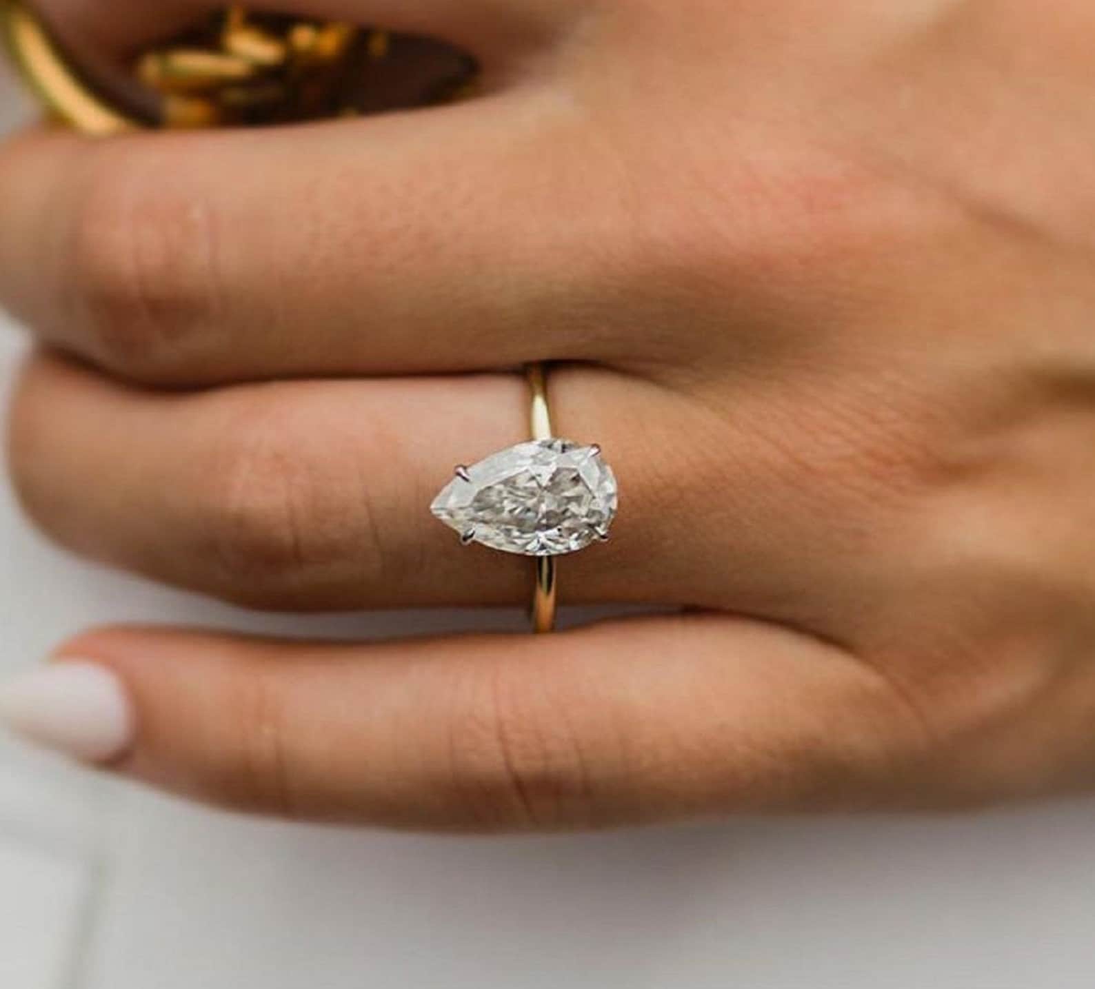 3CT Elongated Pear Engagement Ring Hidden Halo Solitaire Ring Etsy