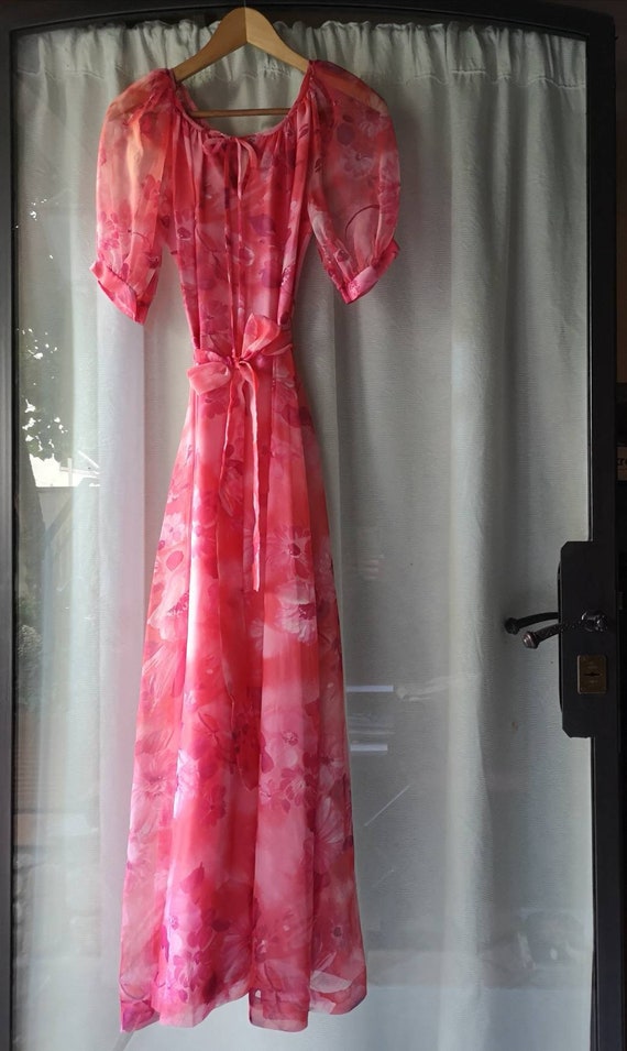 Vintage dress long 70s pink floral print boho styl