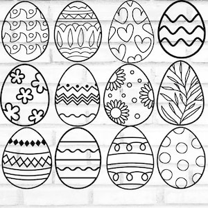 May include: A set of 12 black and white Easter egg illustrations with various patterns, including hearts, flowers, waves, and geometric shapes.