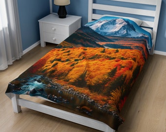 Manta de felpa de terciopelo con un hermoso paisaje de montaña.