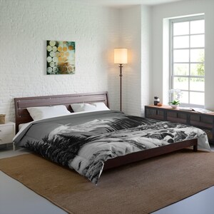 Elevate Your Bedroom with a Black-and-White Mountain Scenery Comforter - Add Nature&#39;s Beauty to Your Space