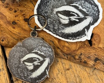 Sustainable Sleeping Badger Keyring - Handcrafted Walnut Wood, Charming Illustrated Badgers, Perfect for Backpacks, UK Artisan Gift