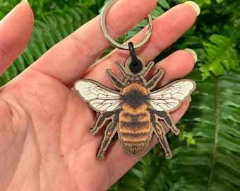 Bumblebee Keyring - Hand-Illustrated Great Yellow Bee, Eco-Friendly Wooden Keychain for Nature Lovers