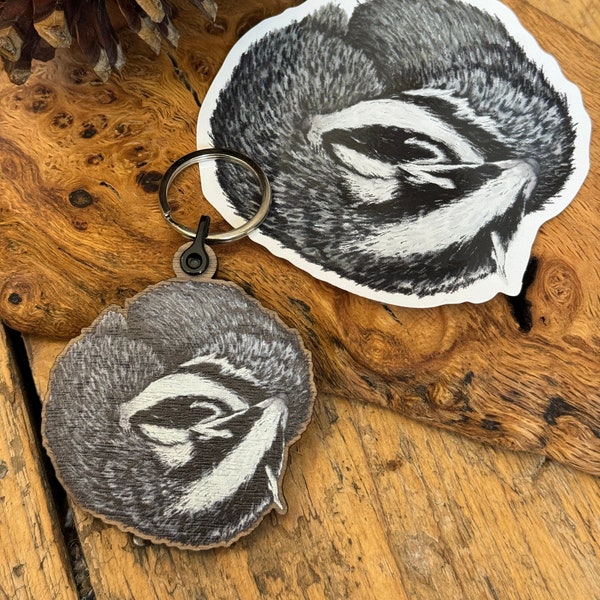 Sustainable Sleeping Badger Keyring - Handcrafted Walnut Wood, Charming Illustrated Badgers, Perfect for Backpacks, UK Artisan Gift