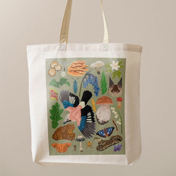 Forest Animals Shopping Bag, woodland wildlife, Nature Tote Bag, Mushroom Bag, Market Bag, Nature Lover Gift, Reusable Bag, Cottagecore Bag