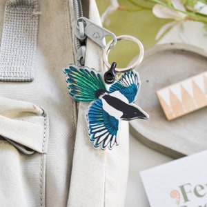 Magpie acrylic keyring, bird keychain, eco friendly gift, acrylic charm, bird accessory, magpie illustration, Nature lover gift for kids image 1