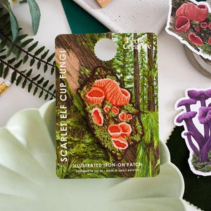 Parche termoadhesivo Scarlet Elf Cup con diseño de hongos, parche de naturaleza para chaquetas, bolsos y manualidades, ideal para amantes de las setas y para regalar en actividades de recolección.