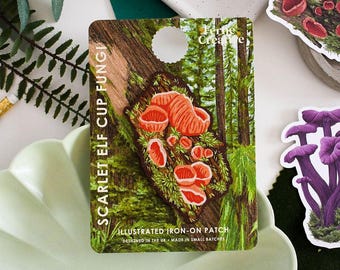 Scarlet Elf Cup Fungi Iron-on Patch, Nature Patch for Jackets, Bags & Crafts, Mushroom lover, foraging gift ideas