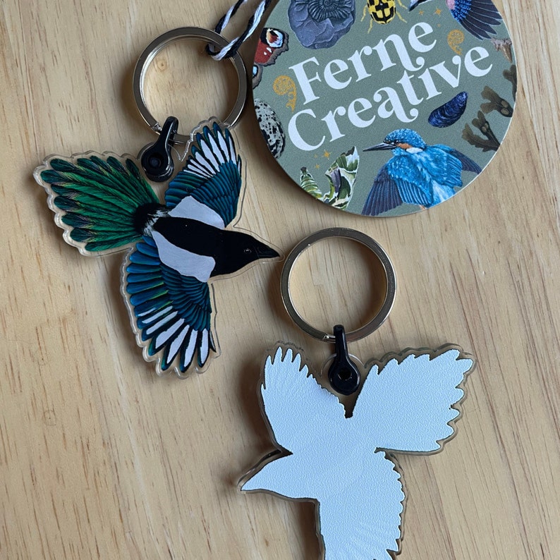 Magpie acrylic keyring, bird keychain, eco friendly gift, acrylic charm, bird accessory, magpie illustration, Nature lover gift for kids image 10