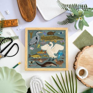 British Waterway Wildtier-Druck, Kanalkunst, Vogel- und Fischillustration, Naturdekor für Haus oder Büro, umweltfreundliche Wandkunst
