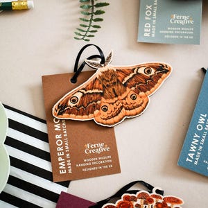 Emperor Moth Wooden Hanging Decoration - Unique Wall Art with Facts on Reverse, Perfect for Nature Lovers & Home Decor