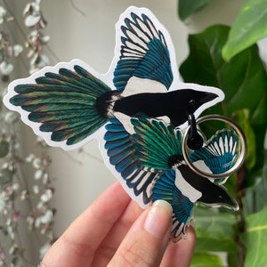 Magpie acrylic keyring, bird keychain, eco friendly gift, acrylic charm, bird accessory, magpie illustration, Nature lover gift for kids image 6