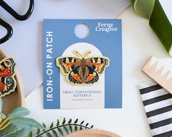 Tortoiseshell Butterfly Iron-On Patch, Embroidered Textile Badge, Nature-Inspired Accent for Clothing, Jackets, Bags, Accessories