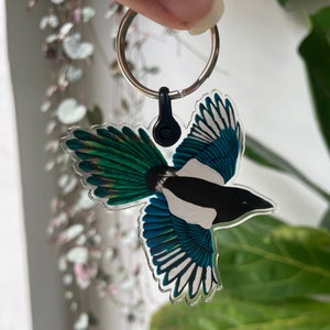 Magpie acrylic keyring, bird keychain, eco friendly gift, acrylic charm, bird accessory, magpie illustration, Nature lover gift for kids image 7