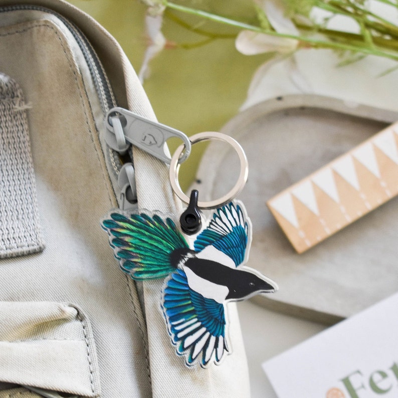 Magpie acrylic keyring, bird keychain, eco friendly gift, acrylic charm, bird accessory, magpie illustration, Nature lover gift for kids image 3