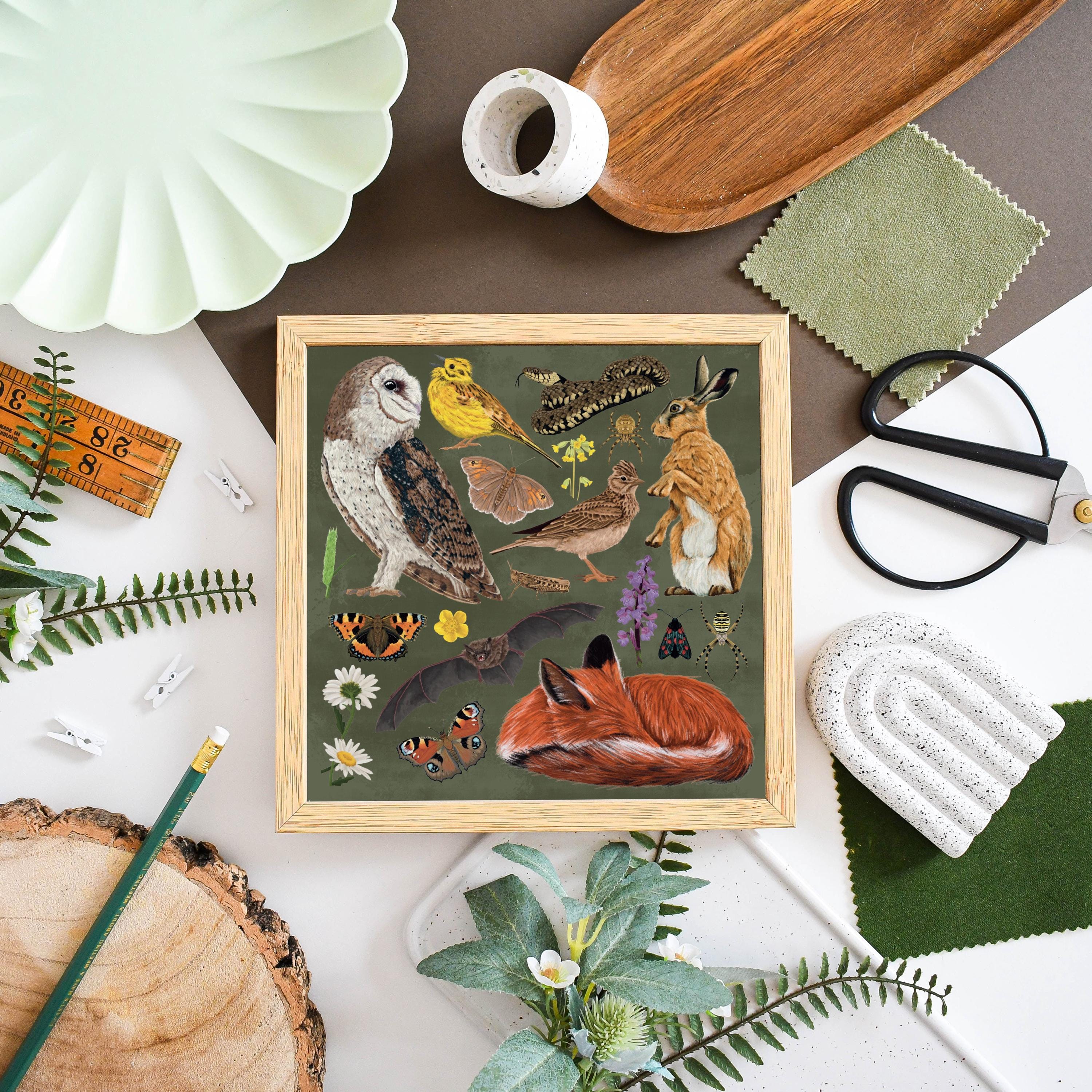 Grassland Wildlife Print, Fox & Owl Art, Meadow Decor, Nature Wall Art, Woodland Animal Illustra