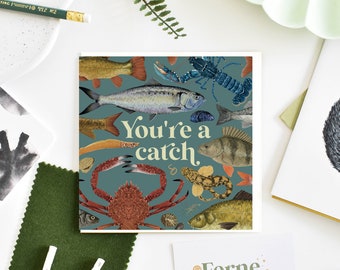 Cute 'You Are a Catch' Nature Themed Card - Square Blank with Sea Creatures, Perfect for Valentine's Day, Nature Enthusiasts and Anniversary