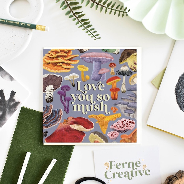 Tarjeta "Te amo tanto" con forma de hongo, linda tarjeta de felicitación, linda tarjeta de cumpleaños, divertida nota de amor, arte caprichoso con hongos, tarjeta ecológica
