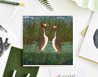 Great-Crested Grebe 'Weed Dance' Illustrated Art Card, Perfect Bird Watching Gift for Ornithologists