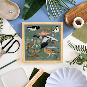 Estuary Wildlife Print | Curlew, Oyster Catcher, Fish & Sea Horse Art | Nature Wall Decor for Ocean Lovers