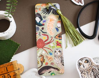 Green British Wildlife Illustrated Bookmark with Tassel, Eco-Friendly Gift, Nature Lovers Bookmark, Wildlife Art, Reading Accessory