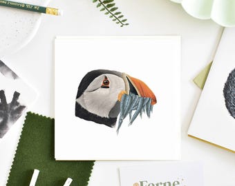 Atlantic Puffin blank card, Textured paper Card, Puffin illustration, British Seabird art, Puffin lover gift, Birdwatching gift, Square Card