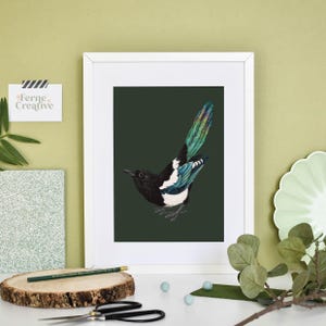 Eurasian Magpie Print | Teal Background Art | Bird Wall Decor | Nature Illustration | Unique Gift for Bird Lovers