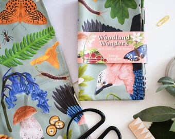Woodland Wildlife Nature tea towel, Kitchen Decor, Dish Towel, Printed Tea Cloth, Hostess Gift, Housewarming Gift, Bird lover gift