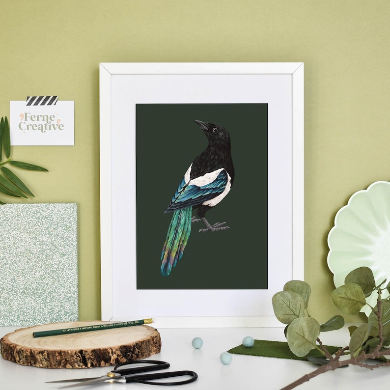 Magpie illustration, folklore art, Gothic wall art, Magpie art, Bird illustration, crow print, witch decor, goblincore decor, turquoise