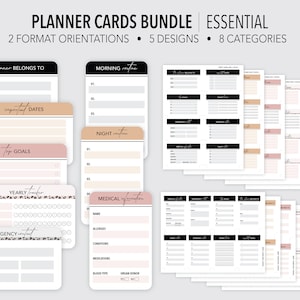 ESSENTIAL * FILLABLE * Planer Karten Bündel | Basis Info | Brieftasche Karten |  Ausfüllbar & Druckbar | 5 Designs | Passend für alle Kartenfächer