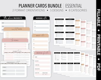 ESSENTIAL *FILLABLE* Planner Cards Bundle  | Essential Info | Wallet Cards |  Fillable & Printable | 5 Designs | Fits All Card Slots