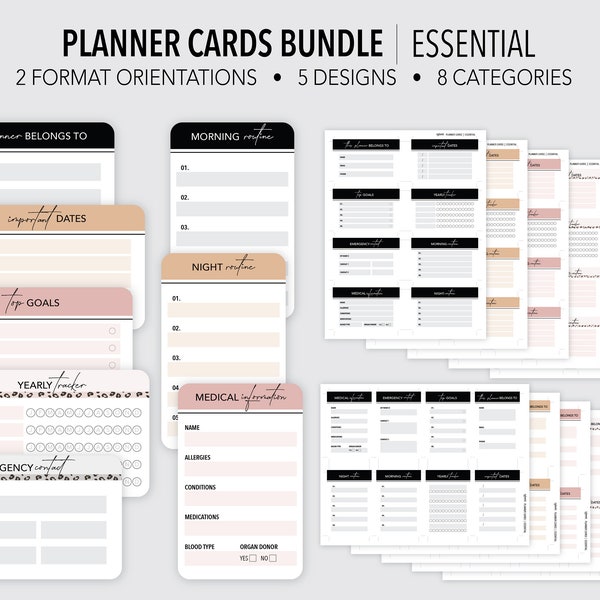 ESSENTIAL *FILLABLE* Planner Cards Bundle  | Essential Info | Wallet Cards |  Fillable & Printable | 5 Designs | Fits All Card Slots