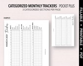 POCKET PLUS *FILLABLE* Categorized Monthly Trackers | Fillable & Printable | 3 Categorized Sections Per Page