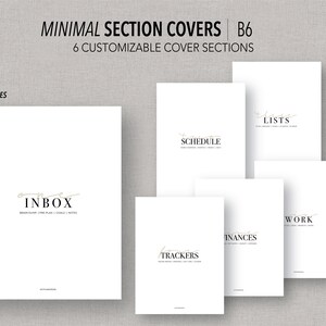 May include: Six printable and fillable planner section covers in a minimalist style. The covers feature the words "Inbox", "Lists", "Schedule", "Trackers", "Finances", and "Work" in black text with a gold line design.