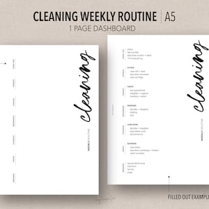 May include: A printable cleaning routine checklist with a black and white design. The checklist is divided into daily tasks for each day of the week. The text "Cleaning Weekly Routine" is at the top of the page. The text "A5" is also at the top of the page. The text "1 Page Dashboard" is below the title. The text "BLANK" is in the top left corner of the page. The text "FILLED OUT EXAMPLE" is at the bottom of the page. The text "FILLABLE PRINTABLE PDF" is in the top right corner of the page.