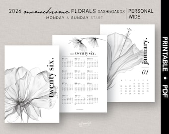 PERSONLIGT_OMSLAG 2026 *SVARTVIT BLOMMOR* Dashboard-paket | Utskrivbar | Kalender | Söndag+Måndag Start