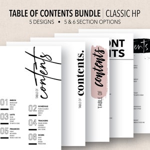 May include: A bundle of printable table of contents pages for planners. The pages feature different designs with black and white text and a pink brush stroke. The text includes "Table of Contents" and section titles like "Inbox", "Schedule", "Lists", "Trackers", "Finances", and "Work".