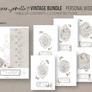 May include: A printable vintage style wedding bundle with a table of contents and six cover sections. The covers feature a delicate floral design with butterflies and ornate frames. The text "xoxo-jomelle's Vintage Bundle | Personal Wide" is at the top of the image.