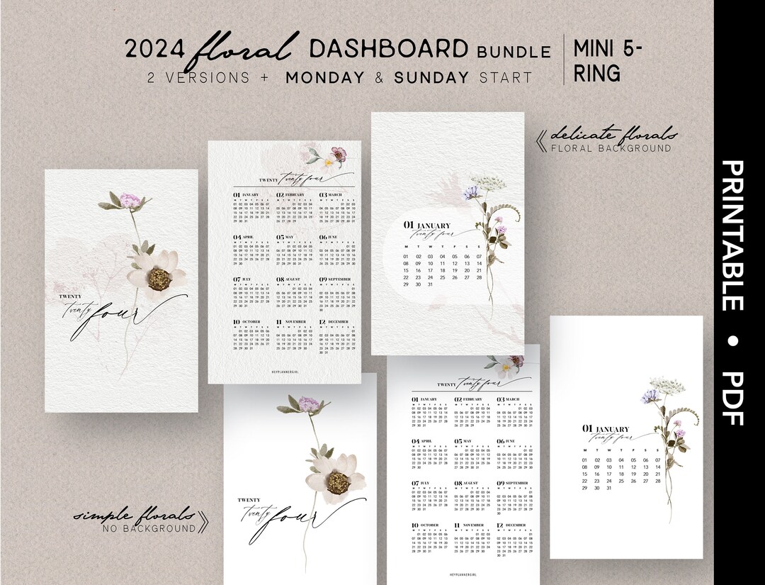 MINI 5-RING FLORAL 2024 Dashboard Bundle Printable Calendar ...