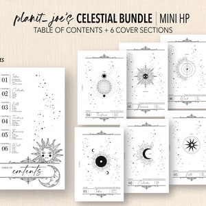 May include: A printable celestial planner bundle with a table of contents and six cover sections. The covers feature celestial designs with a black and white color scheme.