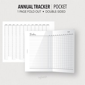 May include: A printable, fillable, double-sided pocket-sized annual tracker. The tracker has a calendar grid on one side and a blank lined page on the other side. The text "ANNUAL TRACKER POCKET" and "1 PAGE FOLD OUT - DOUBLE-SIDED" is printed at the top of the page.