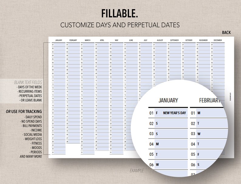 May include: A printable calendar template with a blue background and black text. The calendar is customizable and includes blank text fields for tracking daily spend, no spend days, bill payments, income, social media, weight loss, fitness, moods, periods, and more. The calendar also includes an example of how to use the calendar to track New Year's Day.