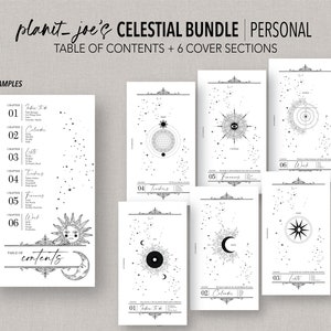 May include: A printable celestial bundle for personal planning. The bundle includes a table of contents and six cover sections with celestial designs. The covers feature a sun, moon, stars, and other celestial elements.