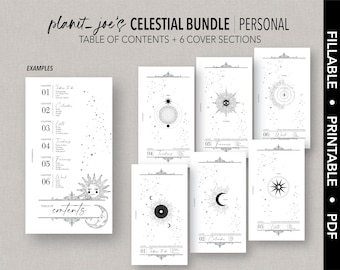 May include: A printable celestial bundle for personal planning. The bundle includes a table of contents and six cover sections with celestial designs. The covers feature a sun, moon, stars, and other celestial elements.
