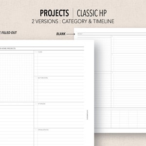 Może przedstawiać: Drukowana strona planera z siatką i liniami do organizowania projektów. Strona jest oznaczona jako "Projects: Classic HP" i zawiera dwie wersje: "Category & Timeline".